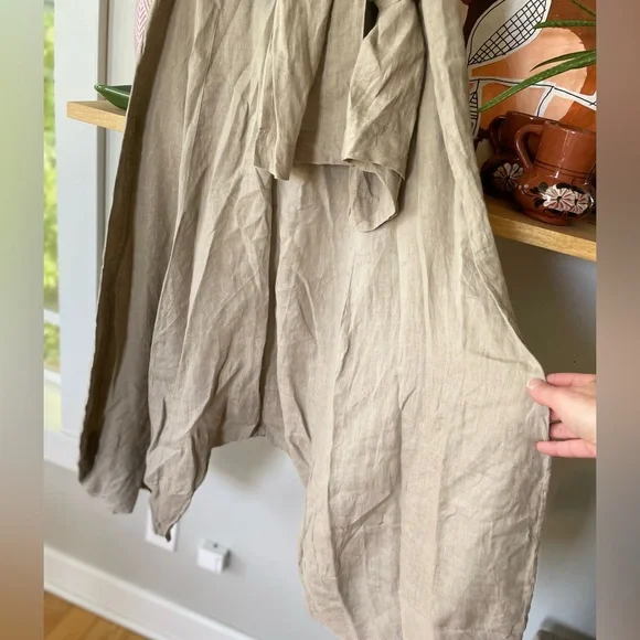 Sarah Pacini Oatmeal Beige Linen Harem Wide Leg Designer Pants with Sash Belt M - Picture 4 of 12